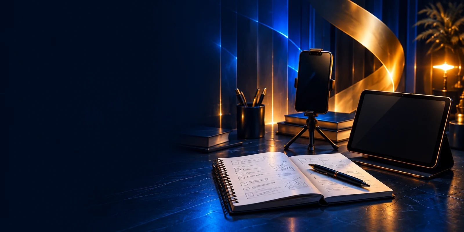Mesa com celular, tablet e caderno para planejar e gravar um curso online