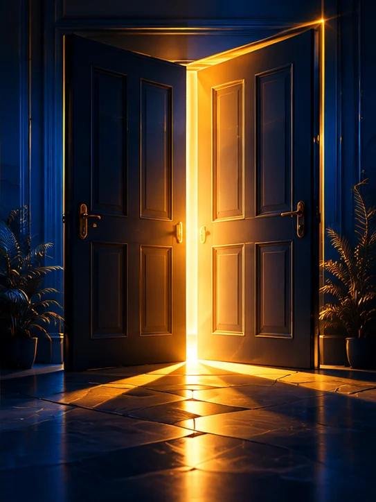 Porta iluminada representando a publicação do projeto