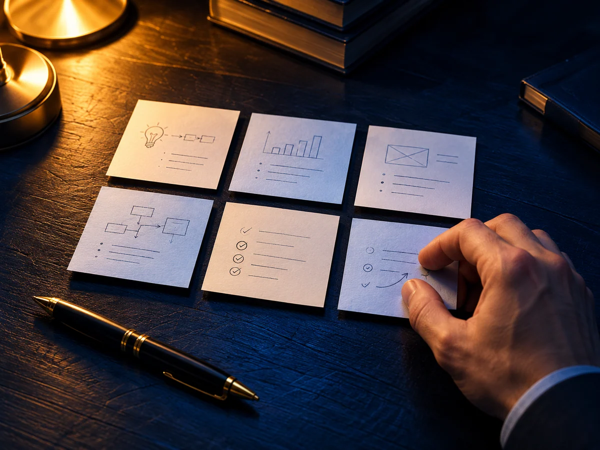Organização de ideias em cartões para estruturar as aulas de um curso